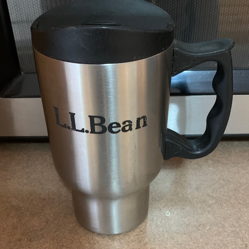 L.L. Bean Silver Travel Mug with Black Handle